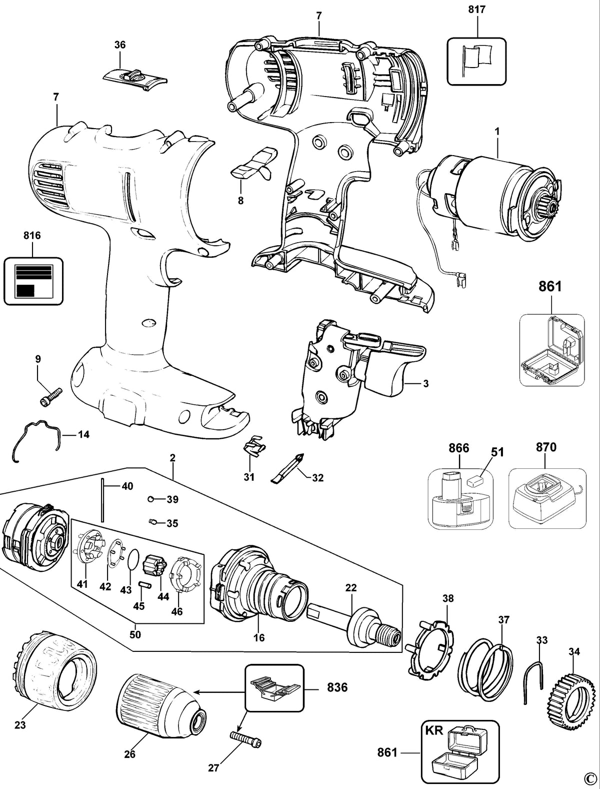 Vue éclatée DeWalt DC729K Type 10 - planche 1