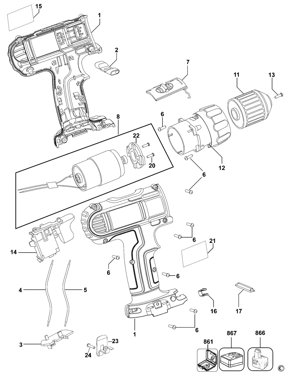 Vue éclatée DeWalt DC733C Type 2 - planche 1