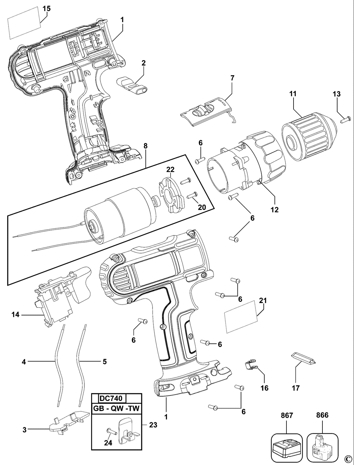 Vue éclatée DeWalt DC733K Type 1 - planche 1