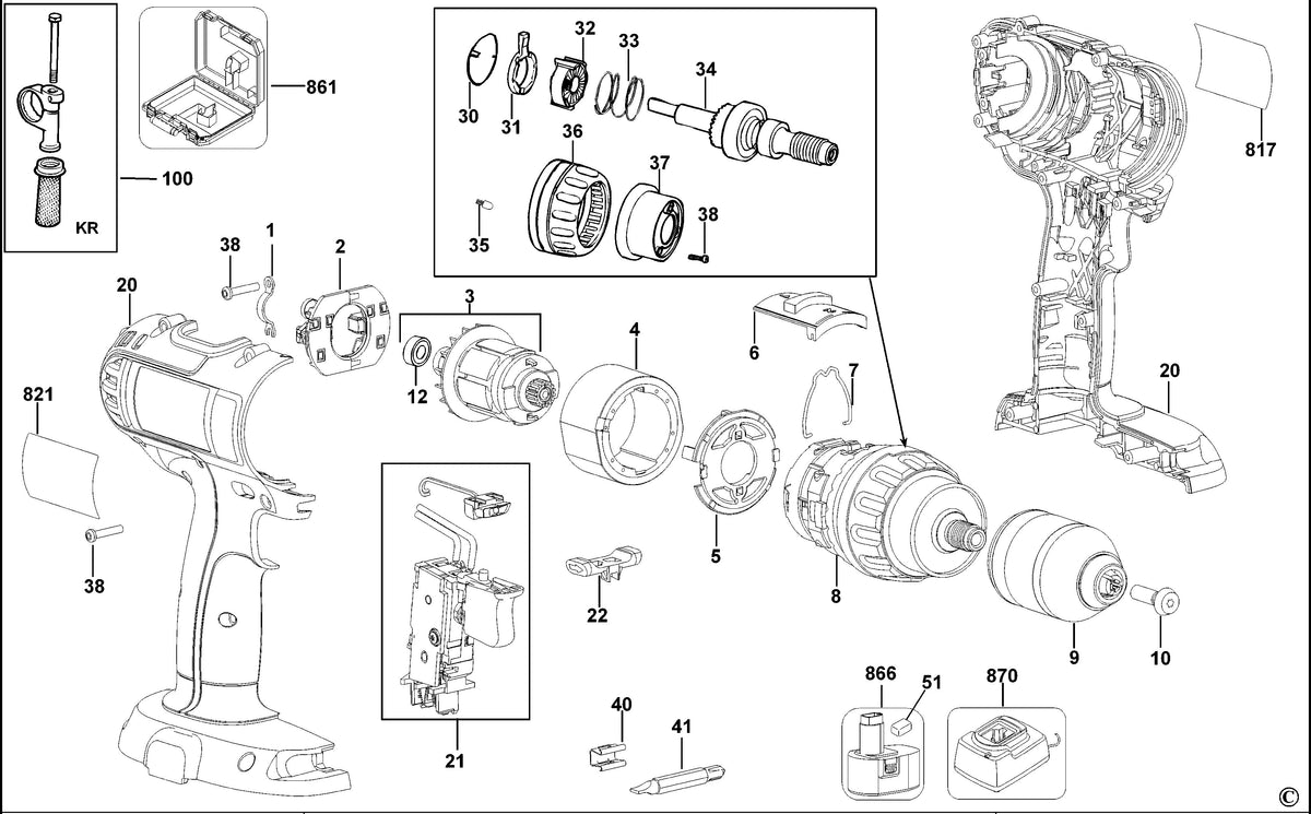 Vue éclatée DeWalt DC737K Type 1 - planche 1