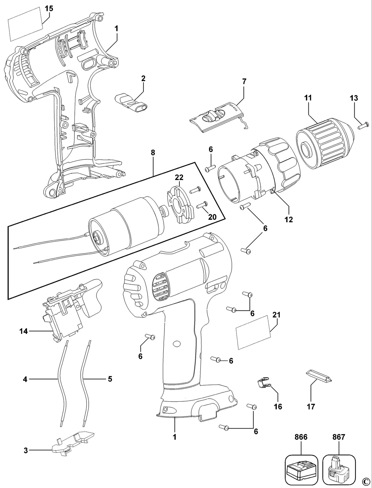 Vue éclatée DeWalt DC740 Type 2 - planche 1