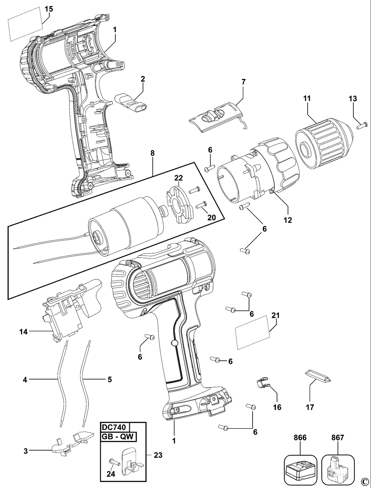 Vue éclatée DeWalt DC740 Type 3 - planche 1