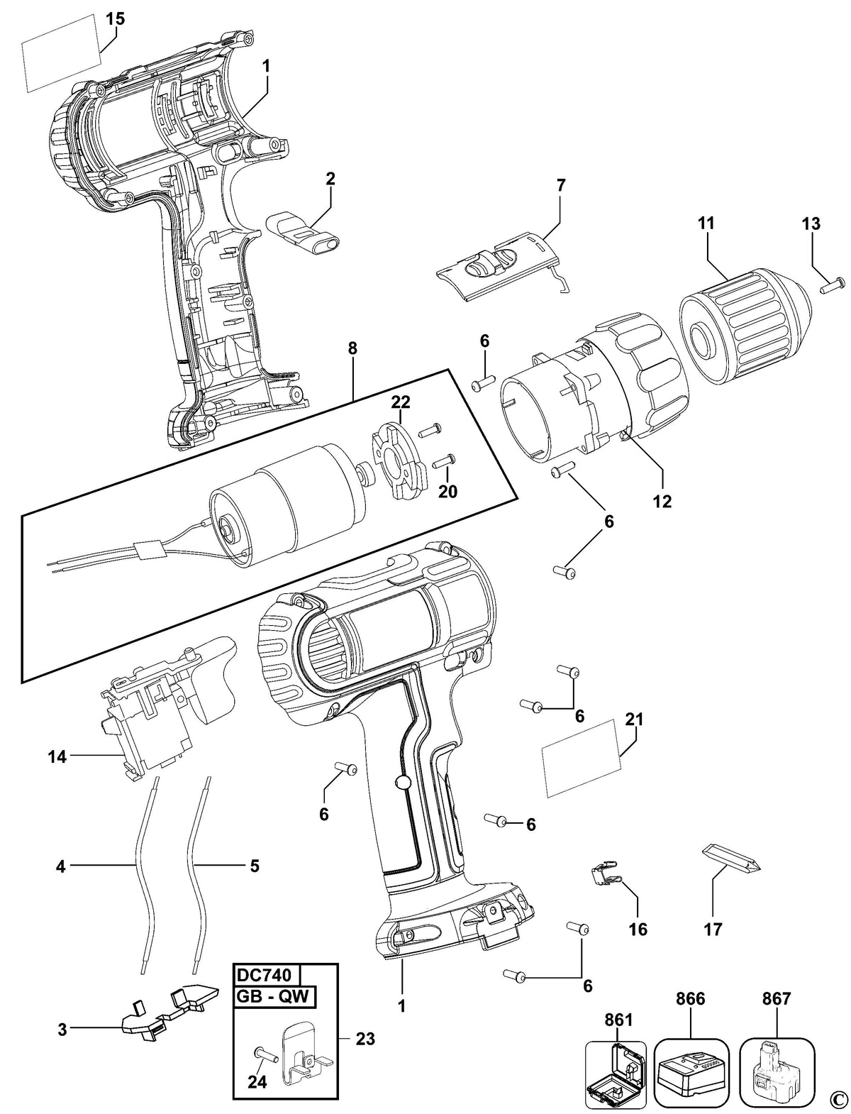 Vue éclatée DeWalt DC750 Type 3 - EU - planche 1