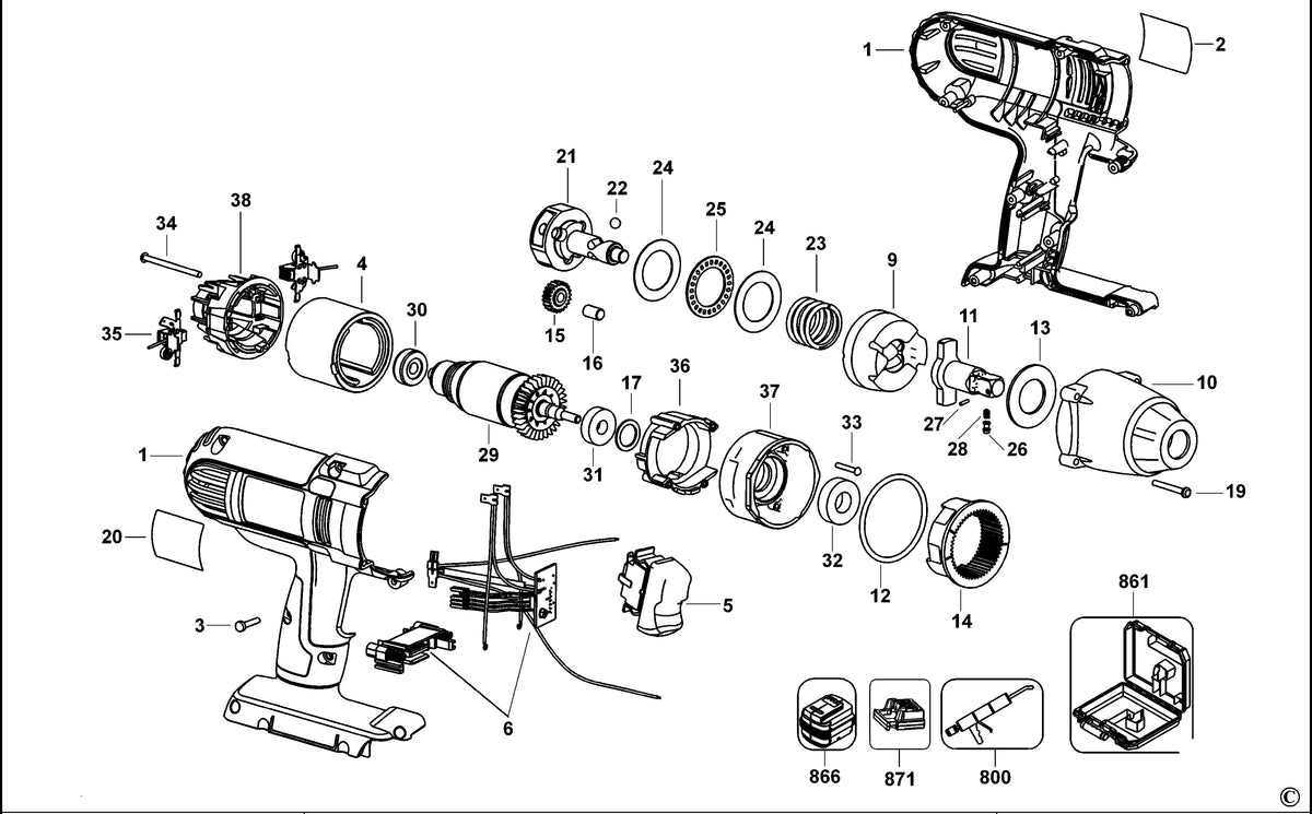 Vue éclatée DeWalt DC800 Type 1 - planche 1