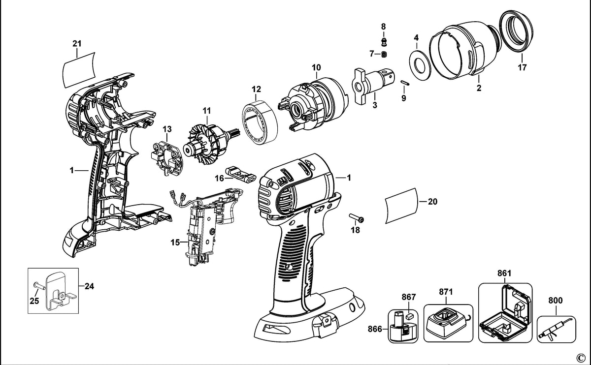 Vue éclatée DeWalt DC820 Type 11 - planche 1