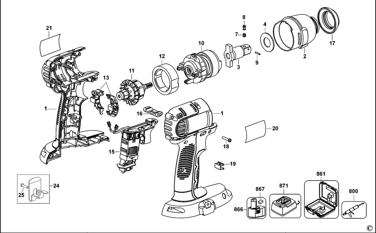 Vue éclatée DeWalt DC822 Type 1 - planche 1