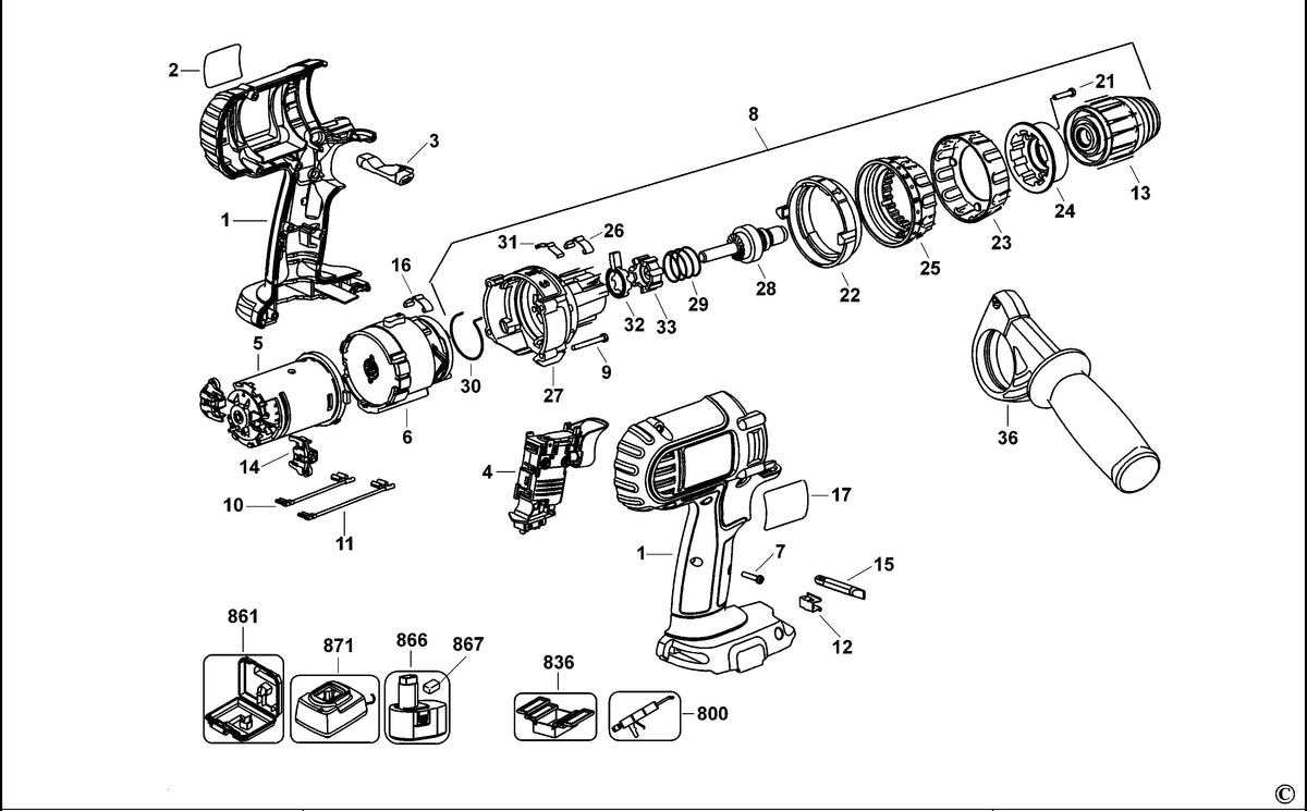 Vue éclatée DeWalt DC927K Type 1 - planche 1