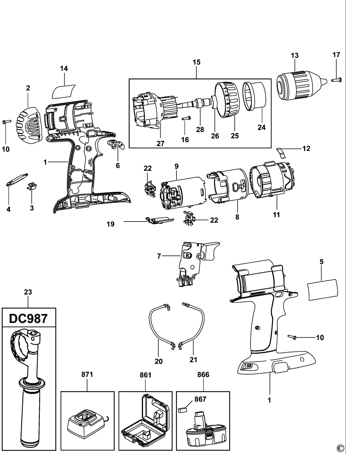 Vue éclatée DeWalt DC980 Type 1 - planche 1