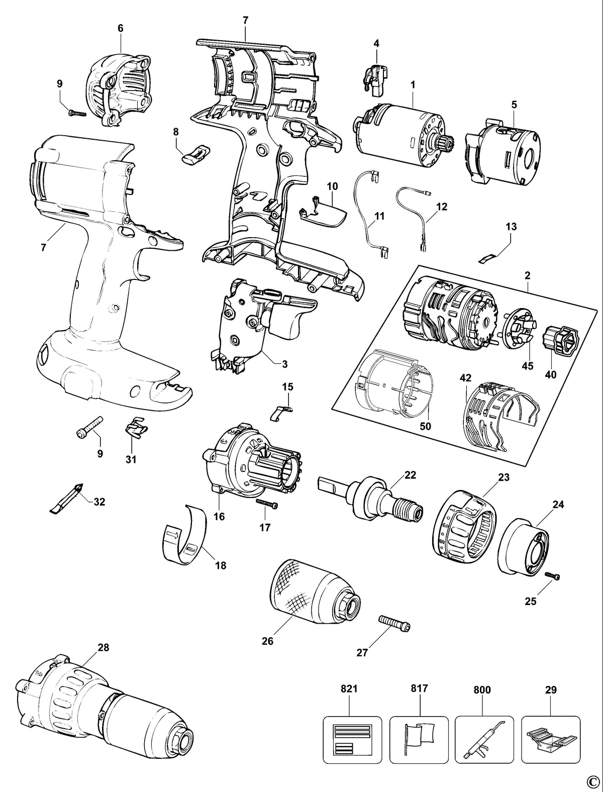 Vue éclatée DeWalt DC980K Type 10 - planche 1