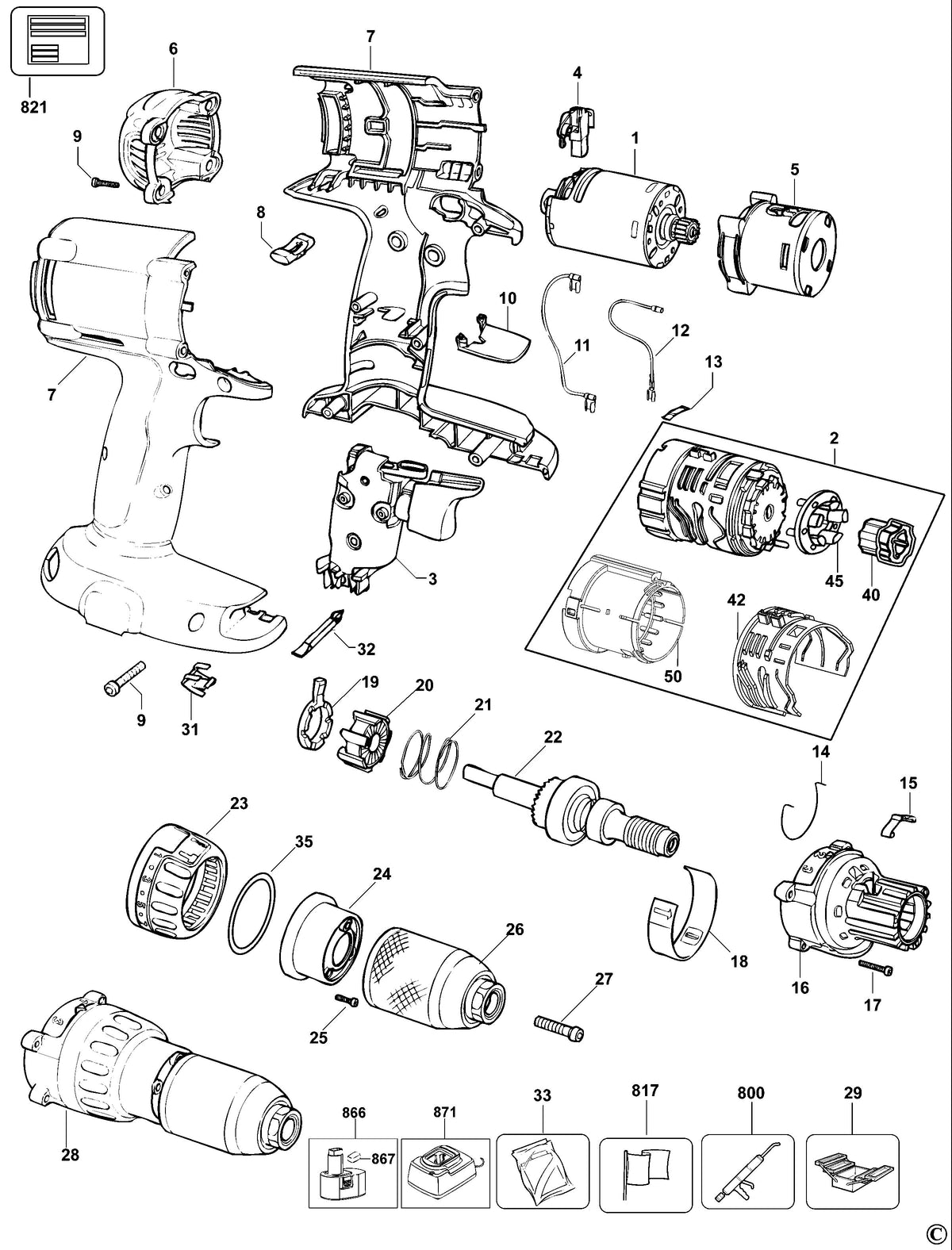 Vue éclatée DeWalt DC981K Type 10 - planche 1