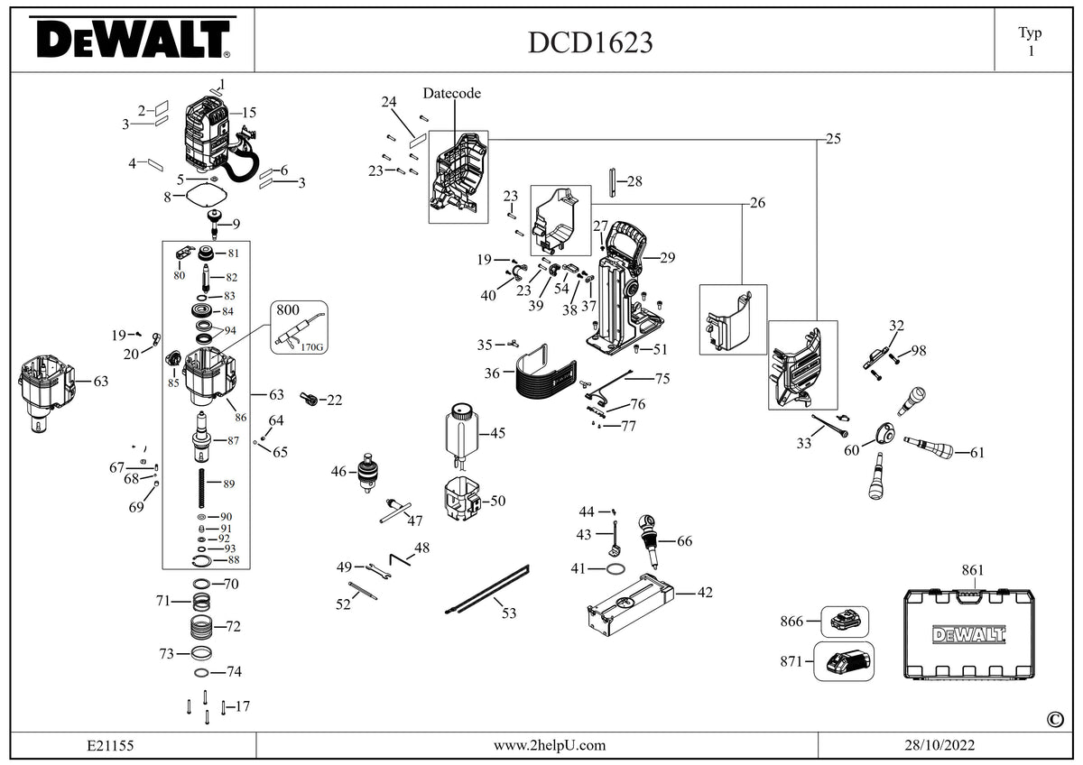 Vue éclatée DeWalt DCD1623X2G Type 1 - planche 1