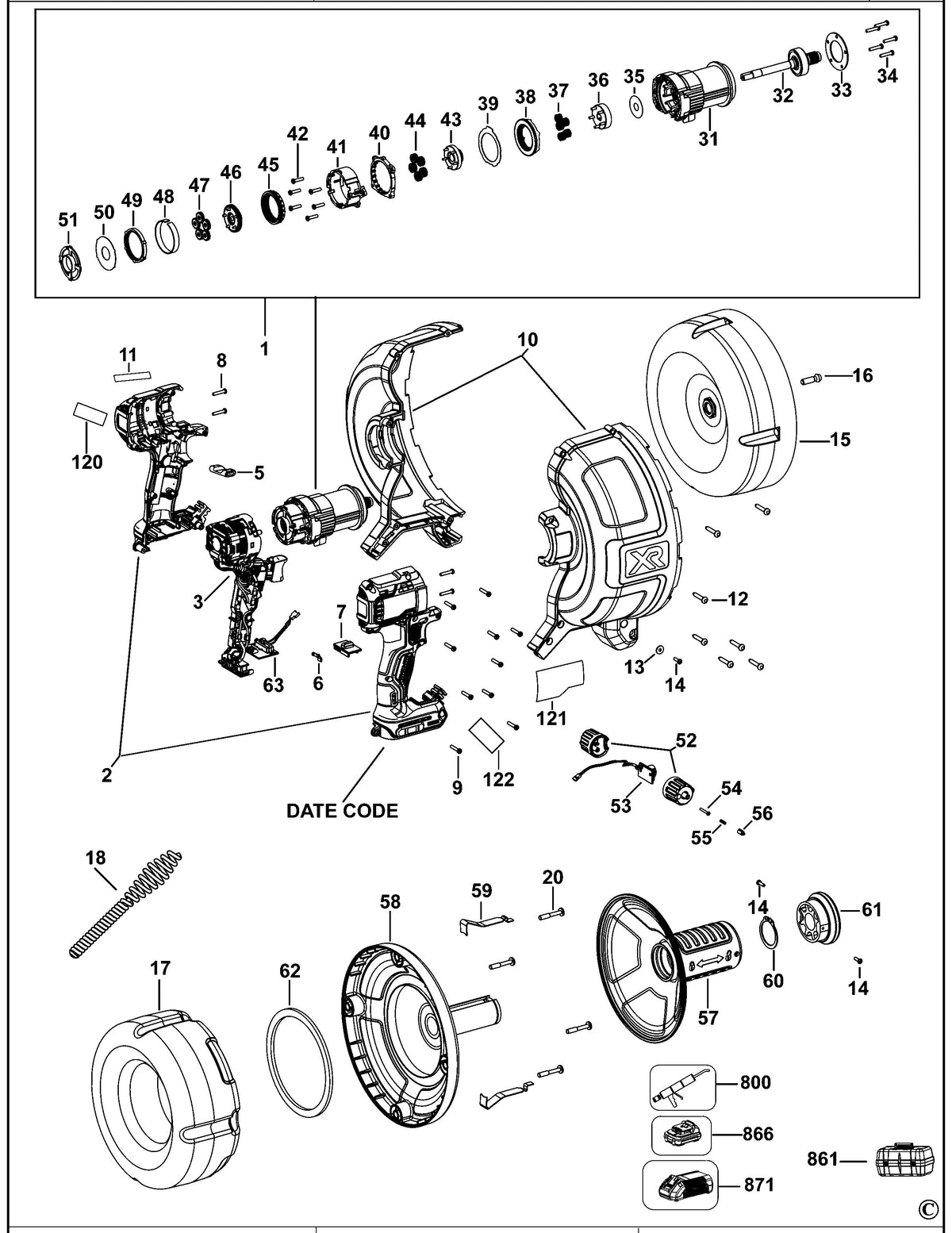 Vue éclatée DeWalt DCD200 Type 1 - planche 1