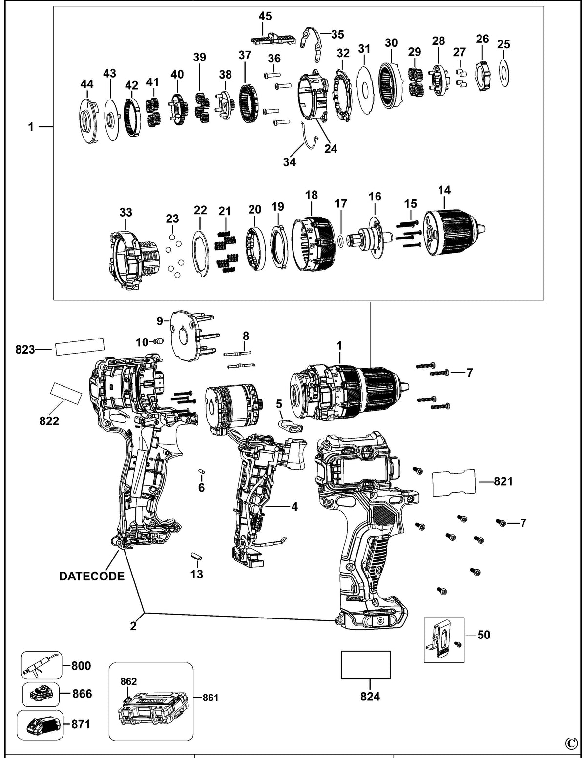 Vue éclatée DeWalt DCD701 Type 2 - planche 1