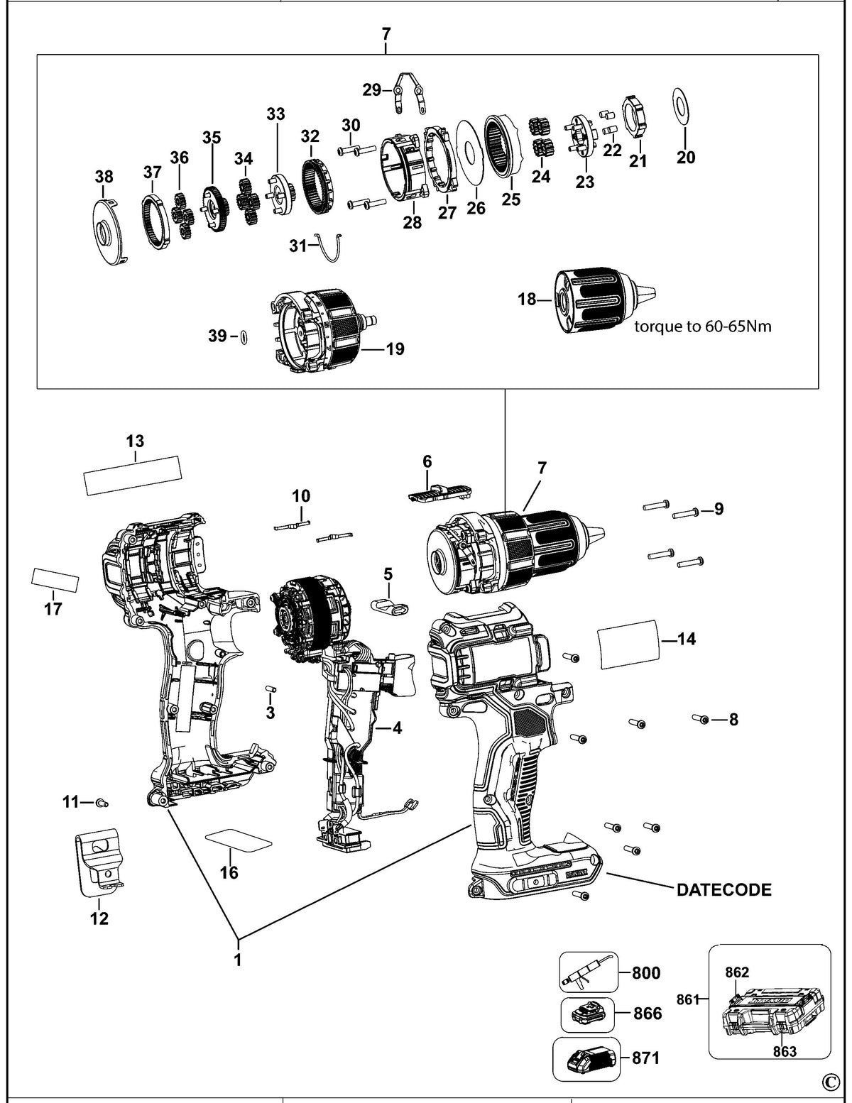 Vue éclatée DeWalt DCD708MDT Type 2 - planche 1