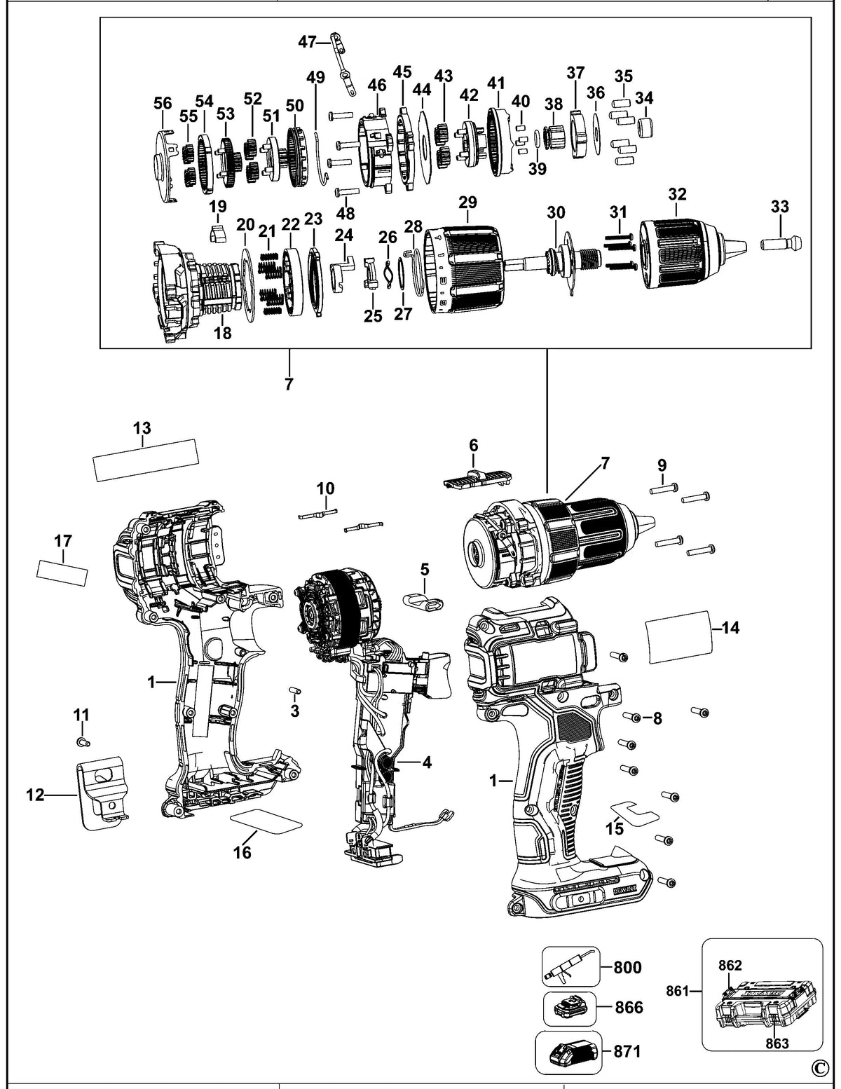 Vue éclatée DeWalt DCD709D2 T Type 2 - planche 1