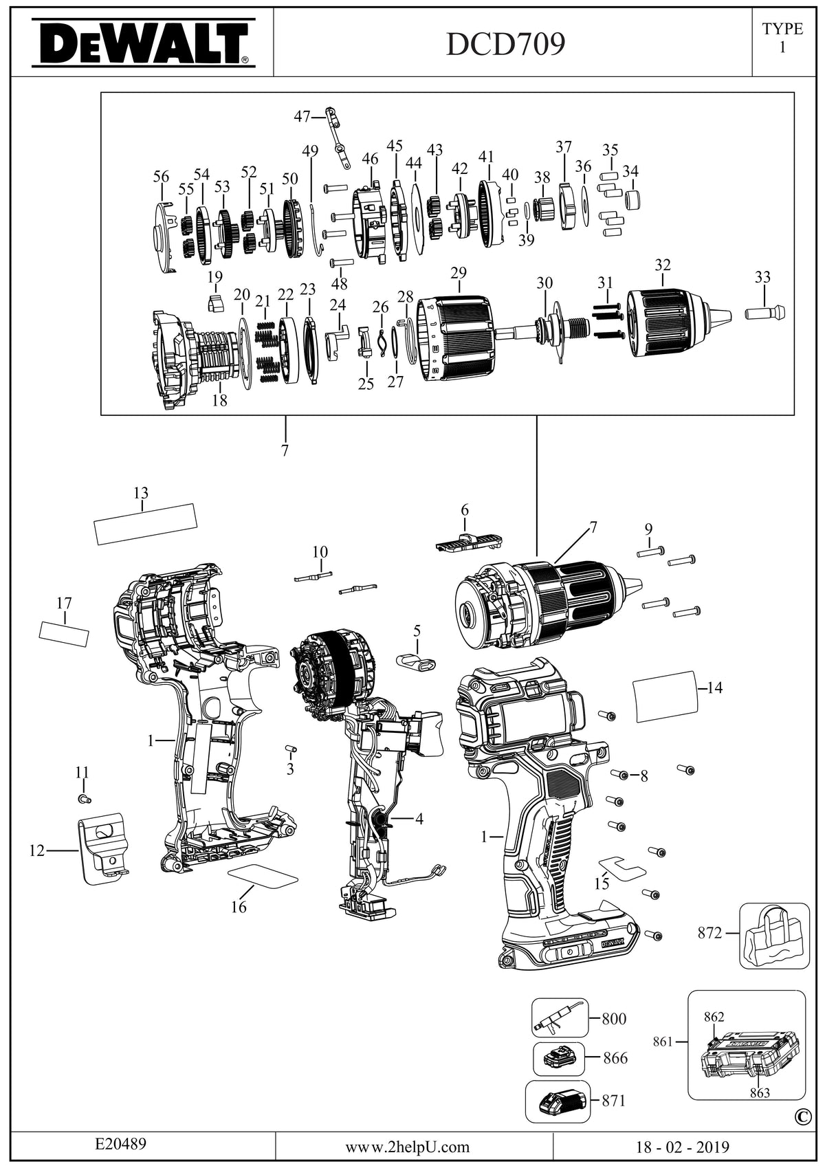 Vue éclatée DeWalt DCD709S2 Type 1 - planche 1