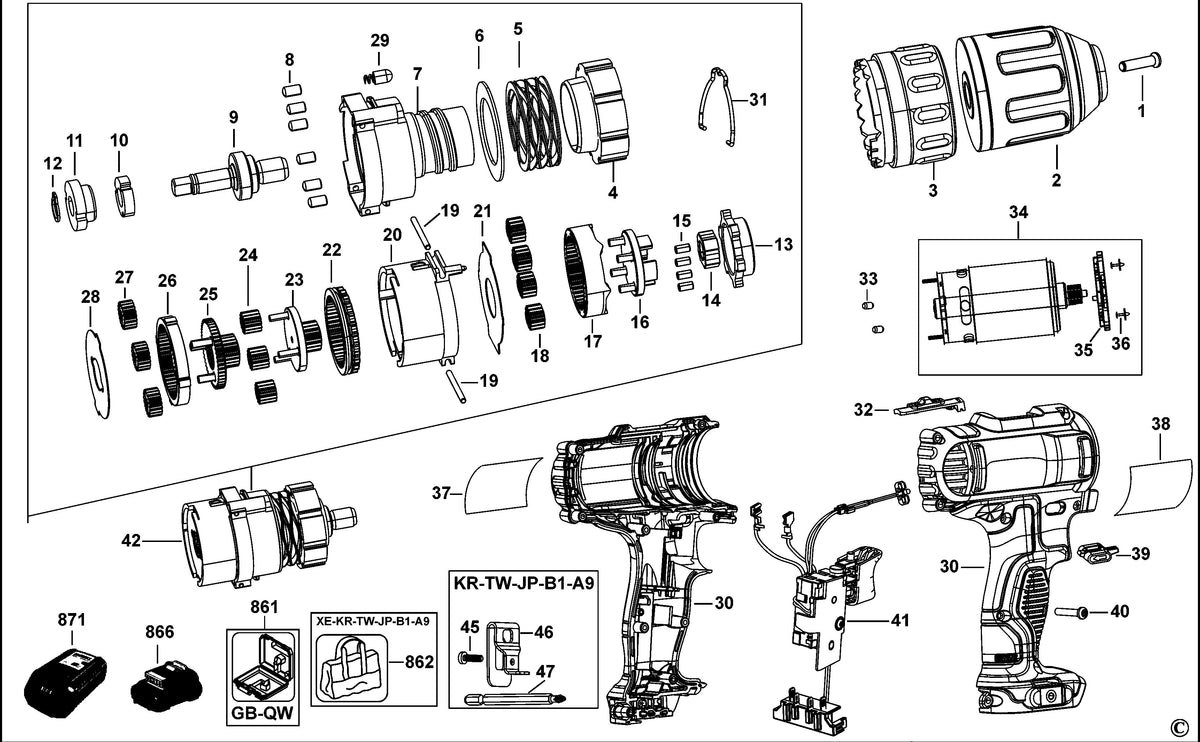 Vue éclatée DeWalt DCD710 Type 1 - planche 1
