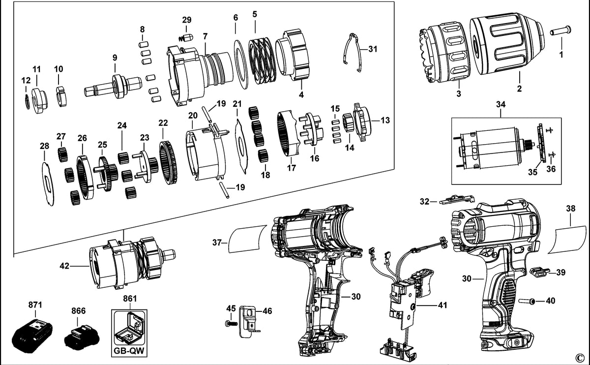 Vue éclatée DeWalt DCD710 Type 2 - planche 1