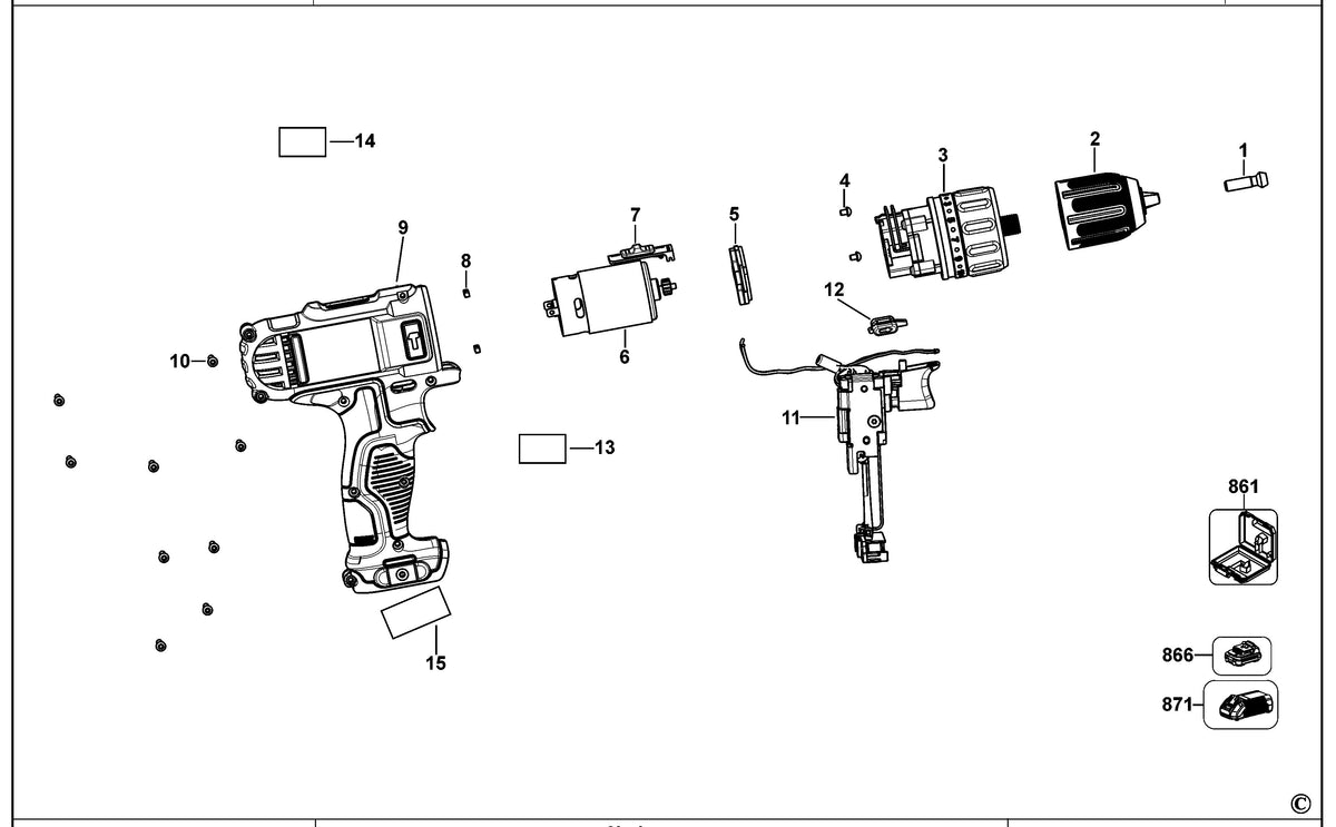 Vue éclatée DeWalt DCD716 Type 1 - planche 1