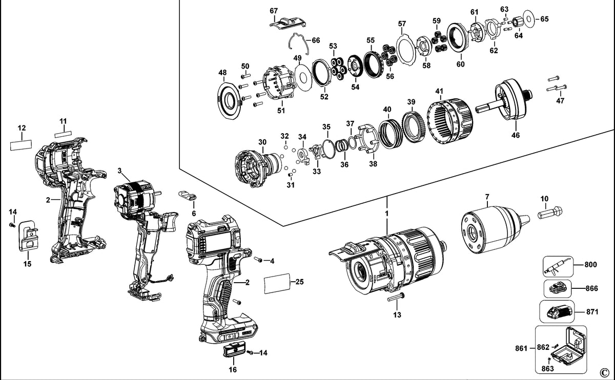 Vue éclatée DeWalt DCD737 Type 10 - planche 1