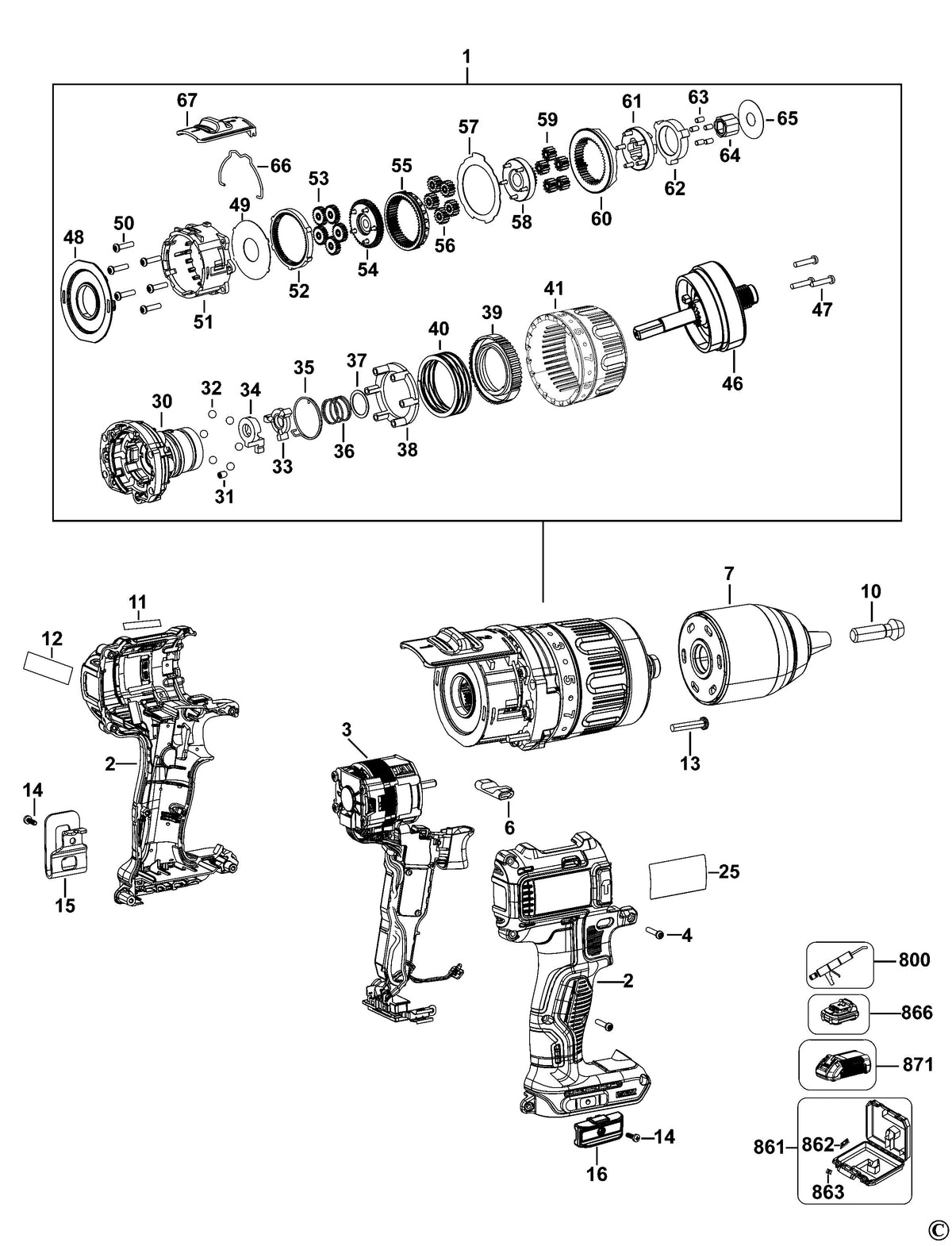 Vue éclatée DeWalt DCD737 Type 11 - planche 1