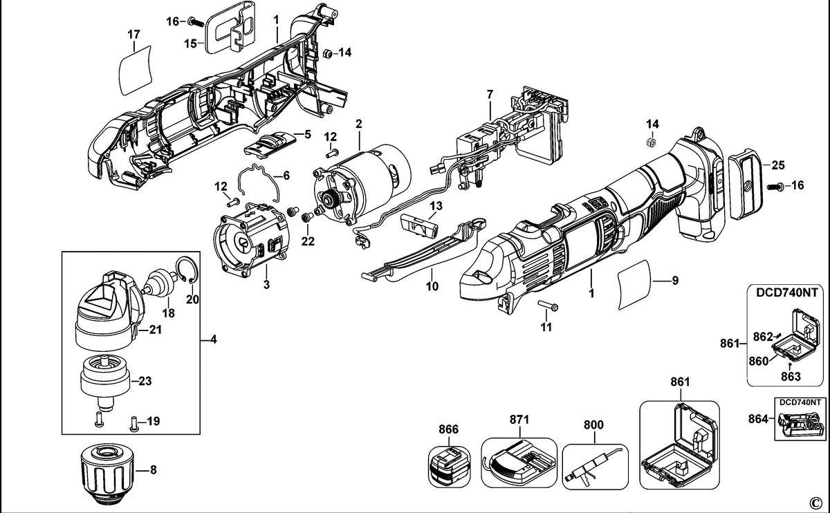 Vue éclatée DeWalt DCD740 Type 1 - planche 2