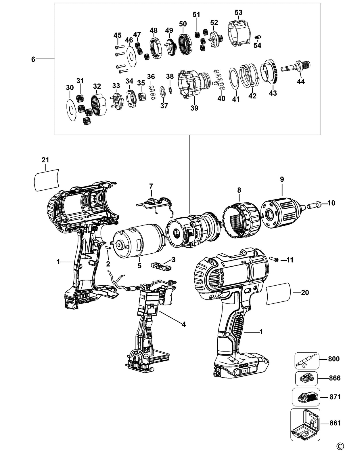Vue éclatée DeWalt DCD771 Type 10 - planche 1