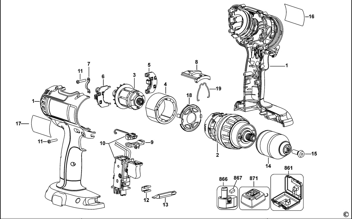 Vue éclatée DeWalt DCD775 Type 1 - planche 1