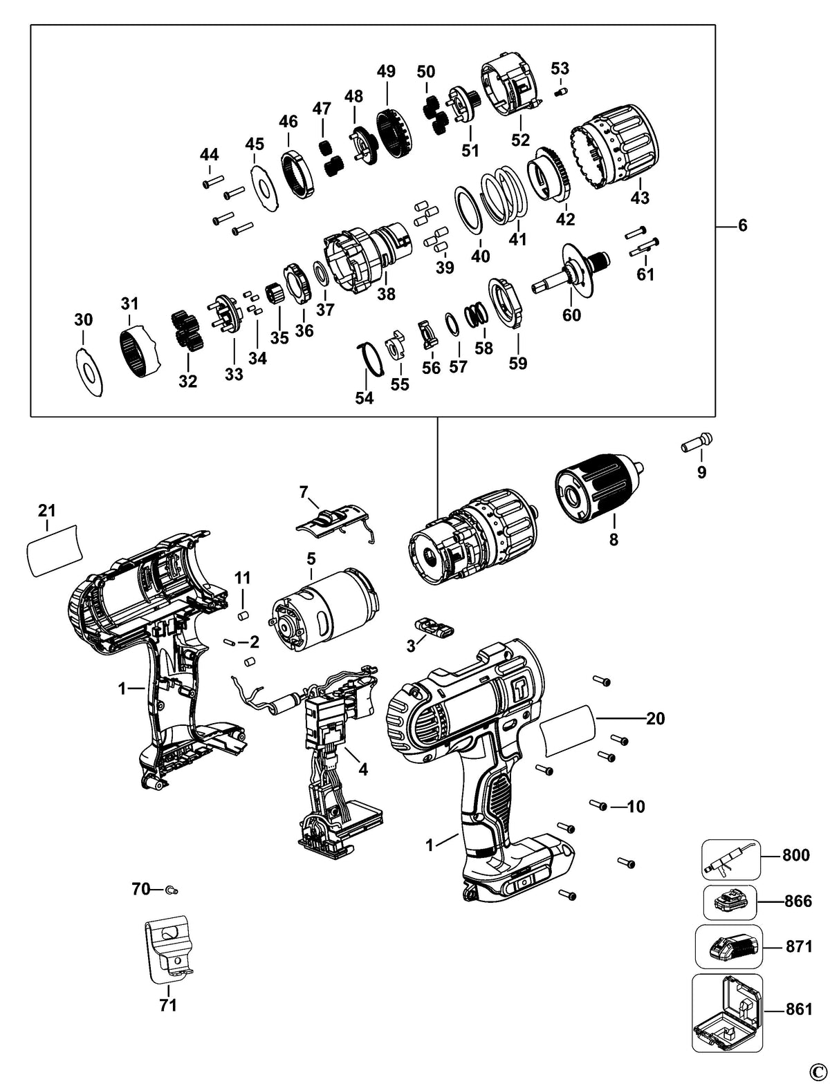 Vue éclatée DeWalt DCD776D2A Type 1 - planche 1