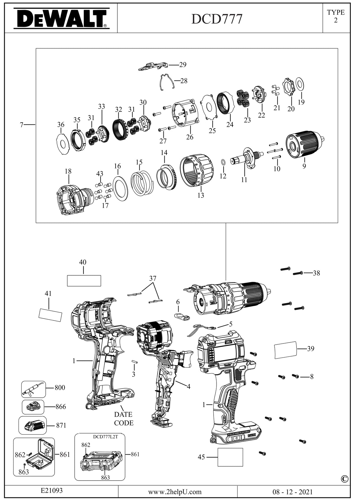 Vue éclatée DeWalt DCD777 Type 2 - planche 1