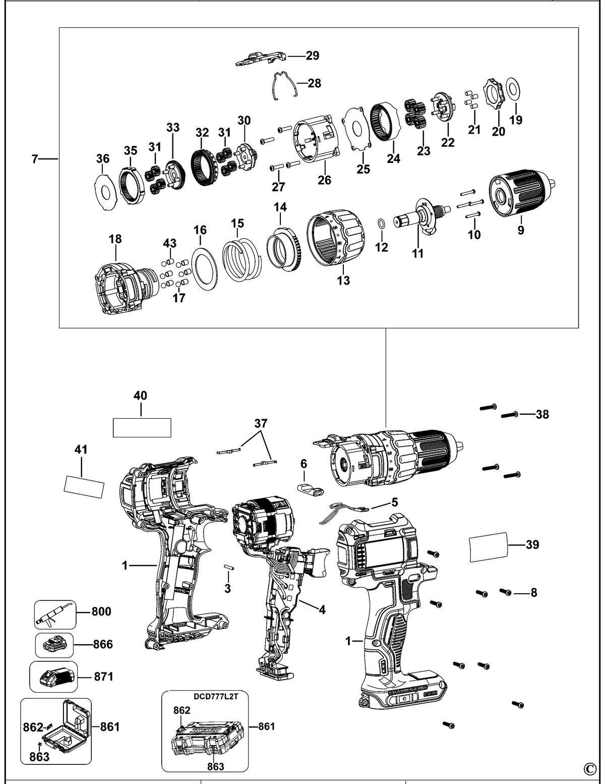 Vue éclatée DeWalt DCD777 Type 1 - planche 1