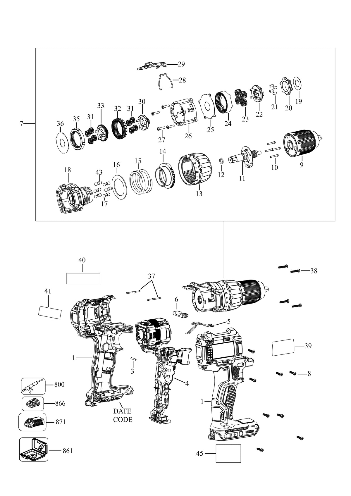 Vue éclatée DeWalt DCD777D1T Type 1 - planche 1