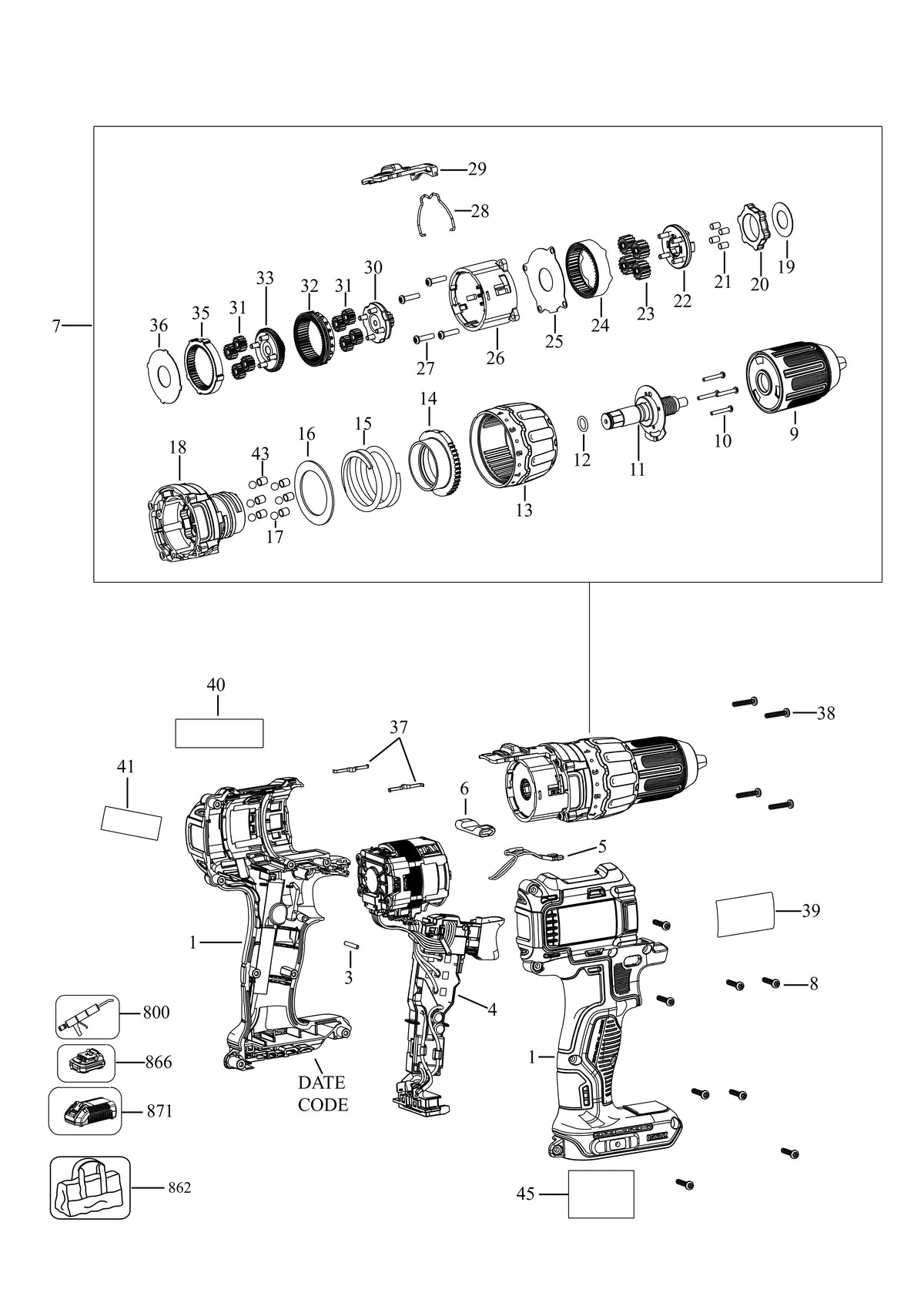 Vue éclatée DeWalt DCD777P1 Type 2 - planche 1