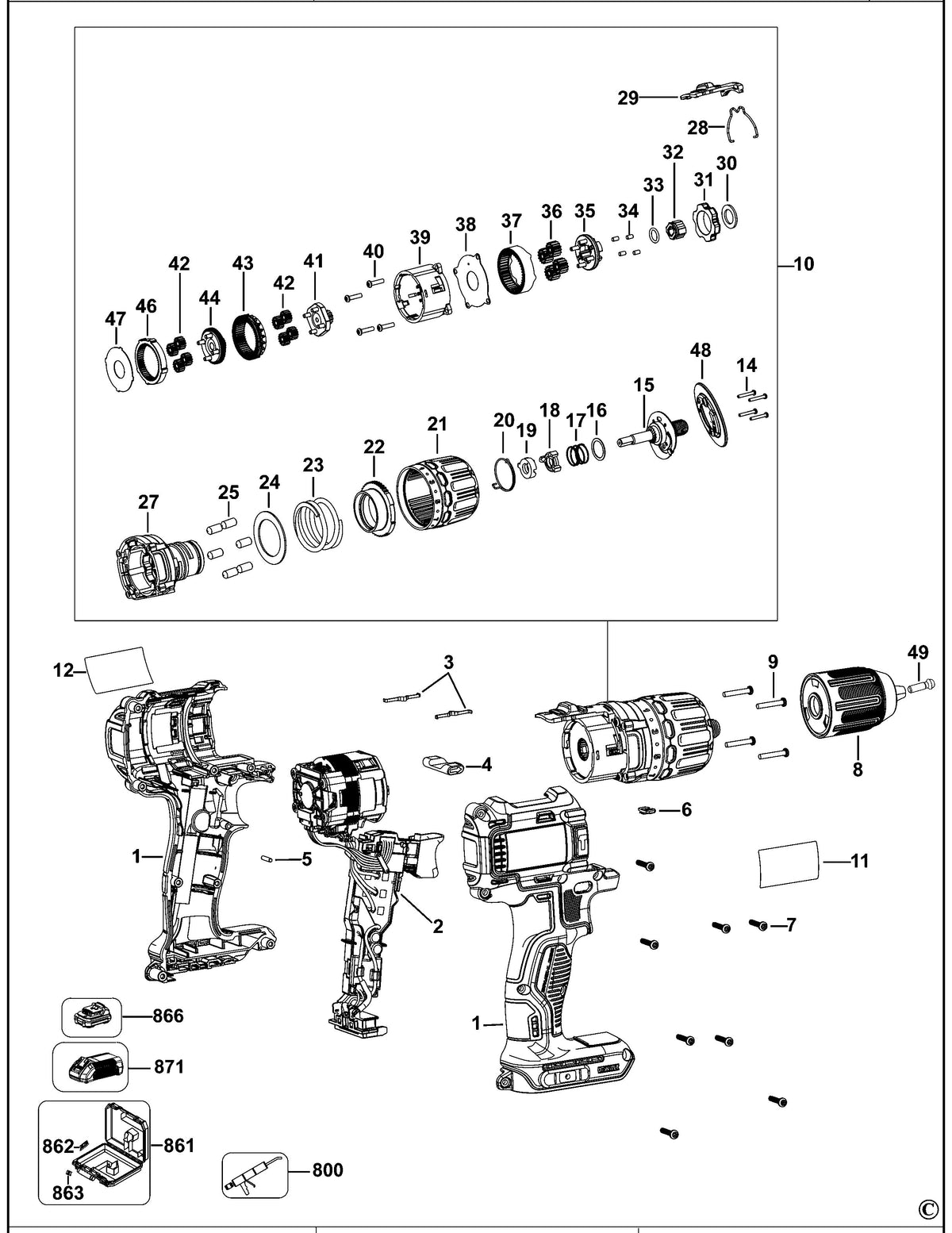 Vue éclatée DeWalt DCD778 Type 1 - planche 1