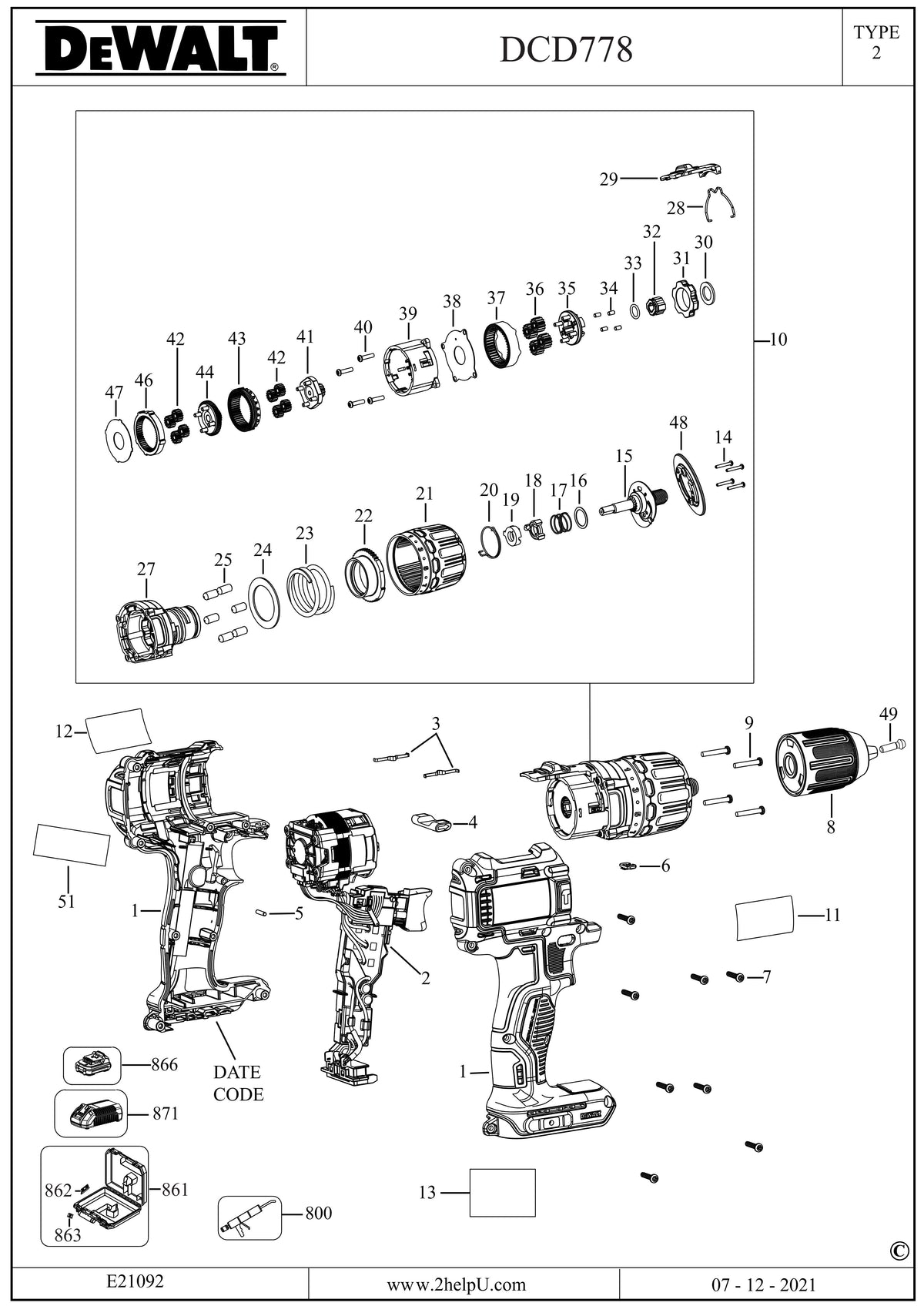 Vue éclatée DeWalt DCD778L2T Type 2 - planche 1