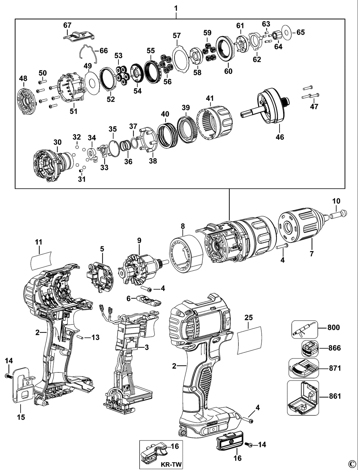 Vue éclatée DeWalt DCD785 Type 1 - planche 1