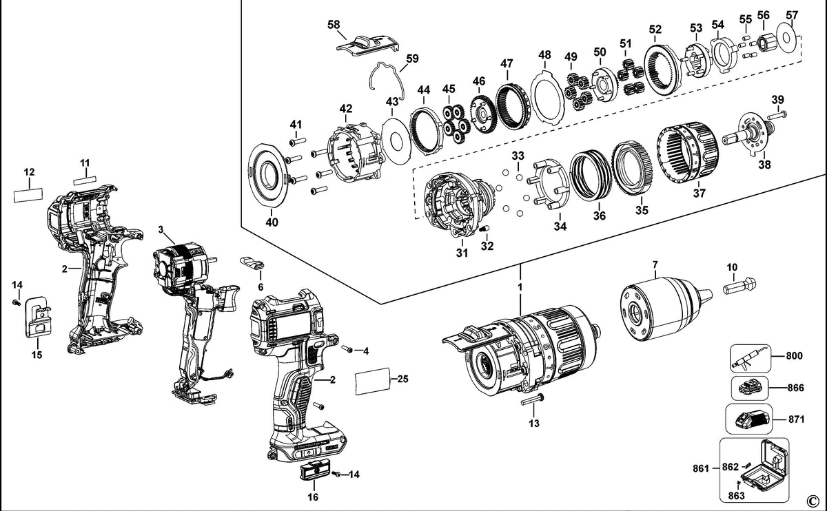 Vue éclatée DeWalt DCD790 Type 10 - planche 1