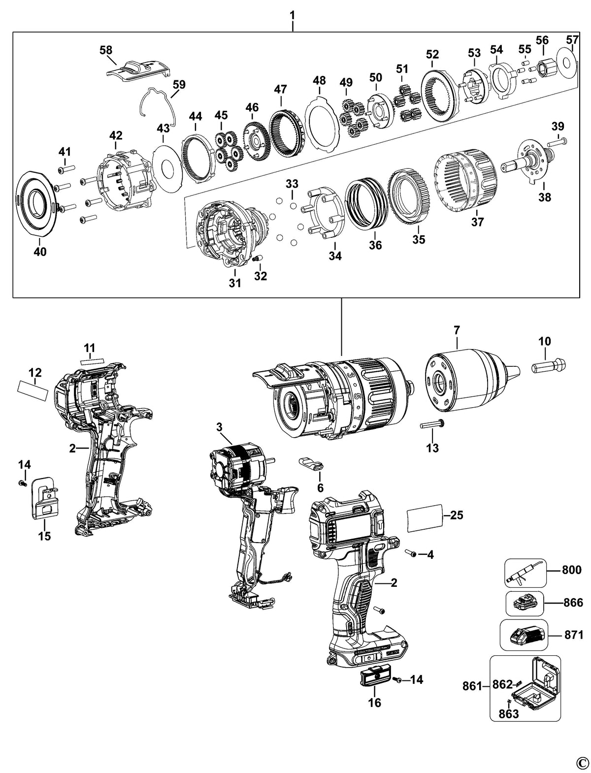 Vue éclatée DeWalt DCD790 Type 11 - planche 1