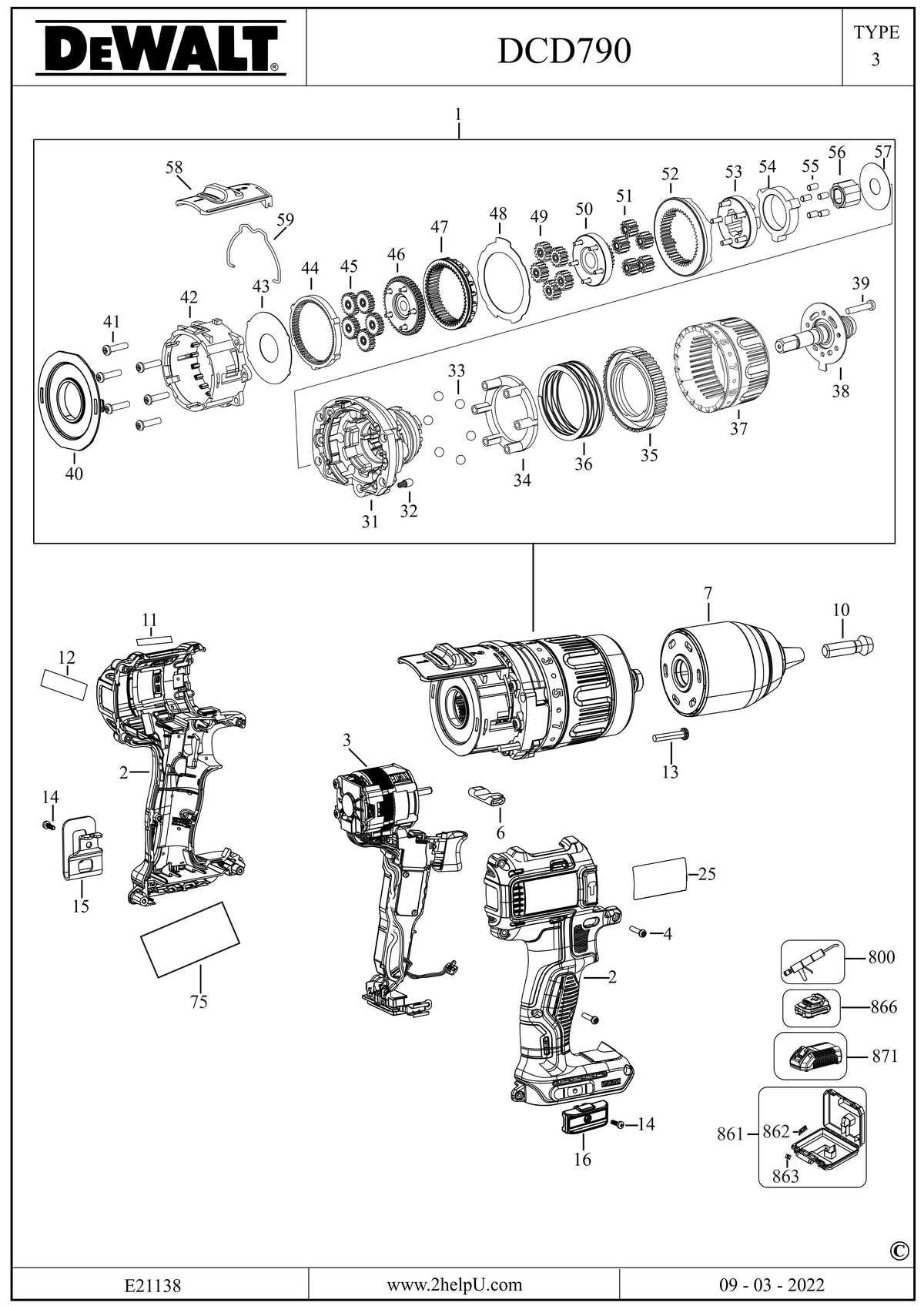 Vue éclatée DeWalt DCD790 Type 3 - planche 1