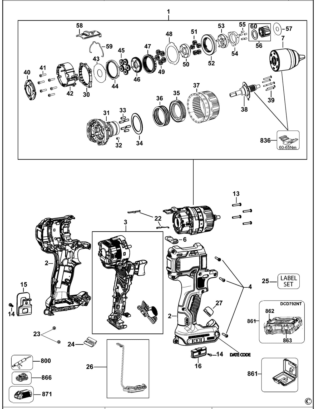 Vue éclatée DeWalt DCD792 Type 2 - planche 1