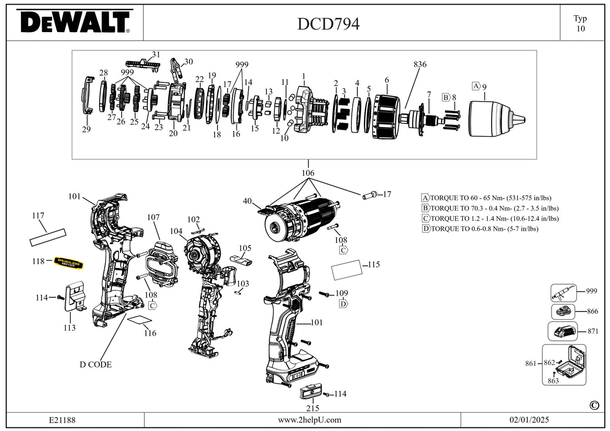Vue éclatée DeWalt DCD794P2T Type 10 - planche 1