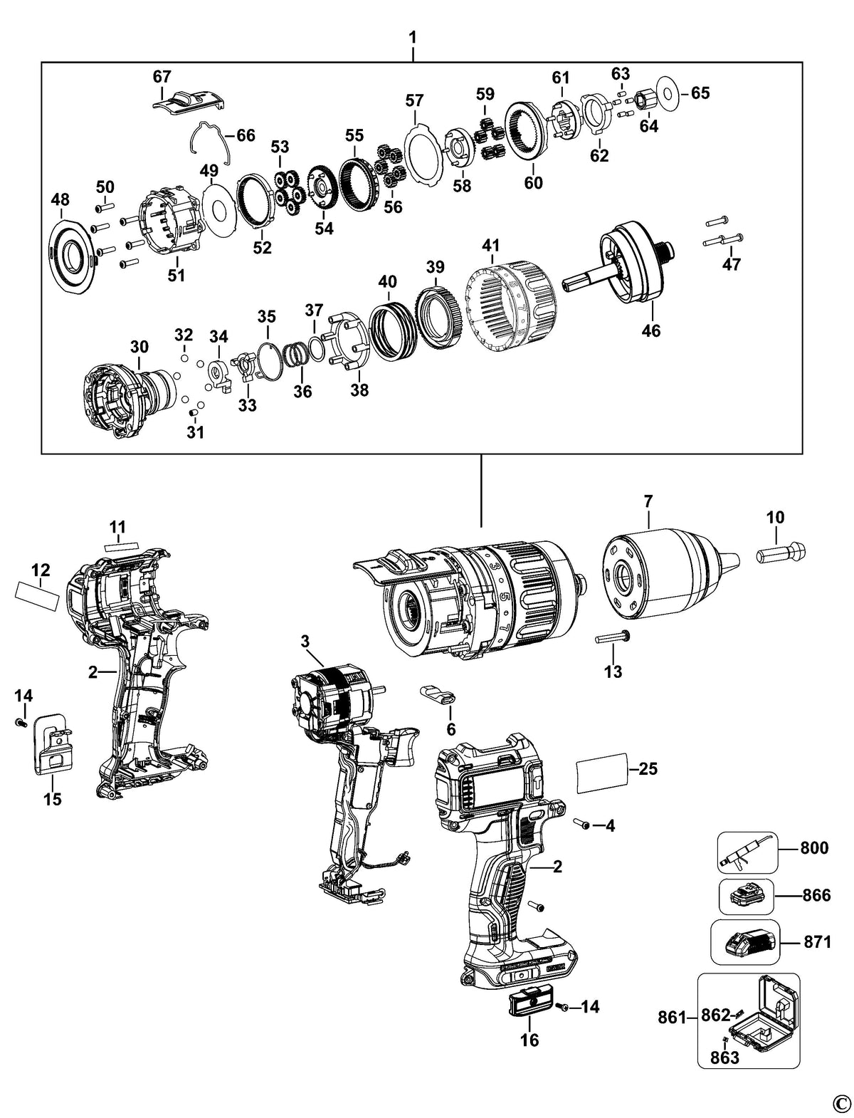 Vue éclatée DeWalt DCD795 Type 2 - planche 1