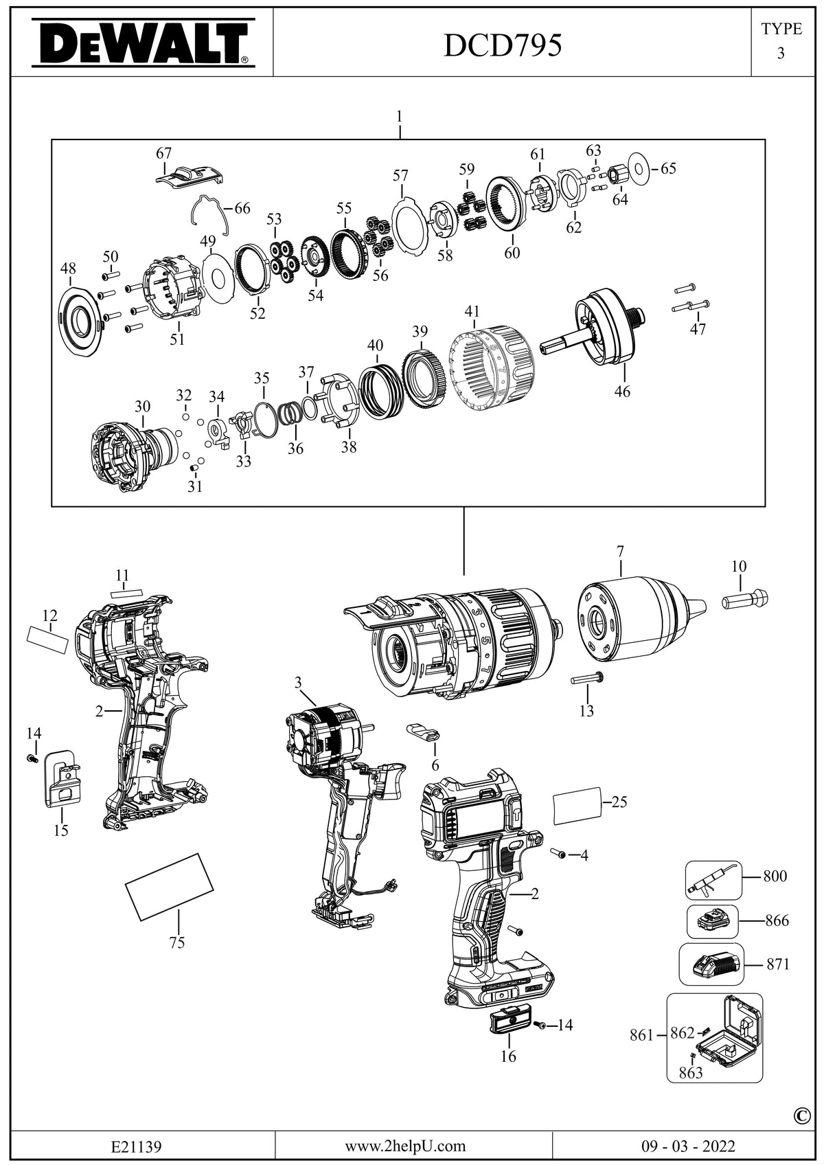 Vue éclatée DeWalt DCD795 Type 3 - planche 1