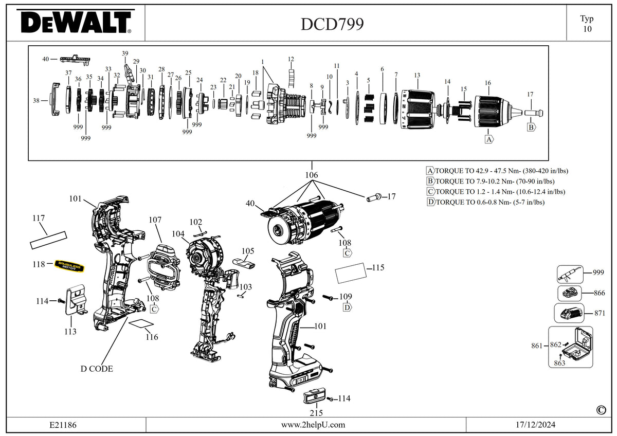 Vue éclatée DeWalt DCD799M2T Type 10 - planche 1
