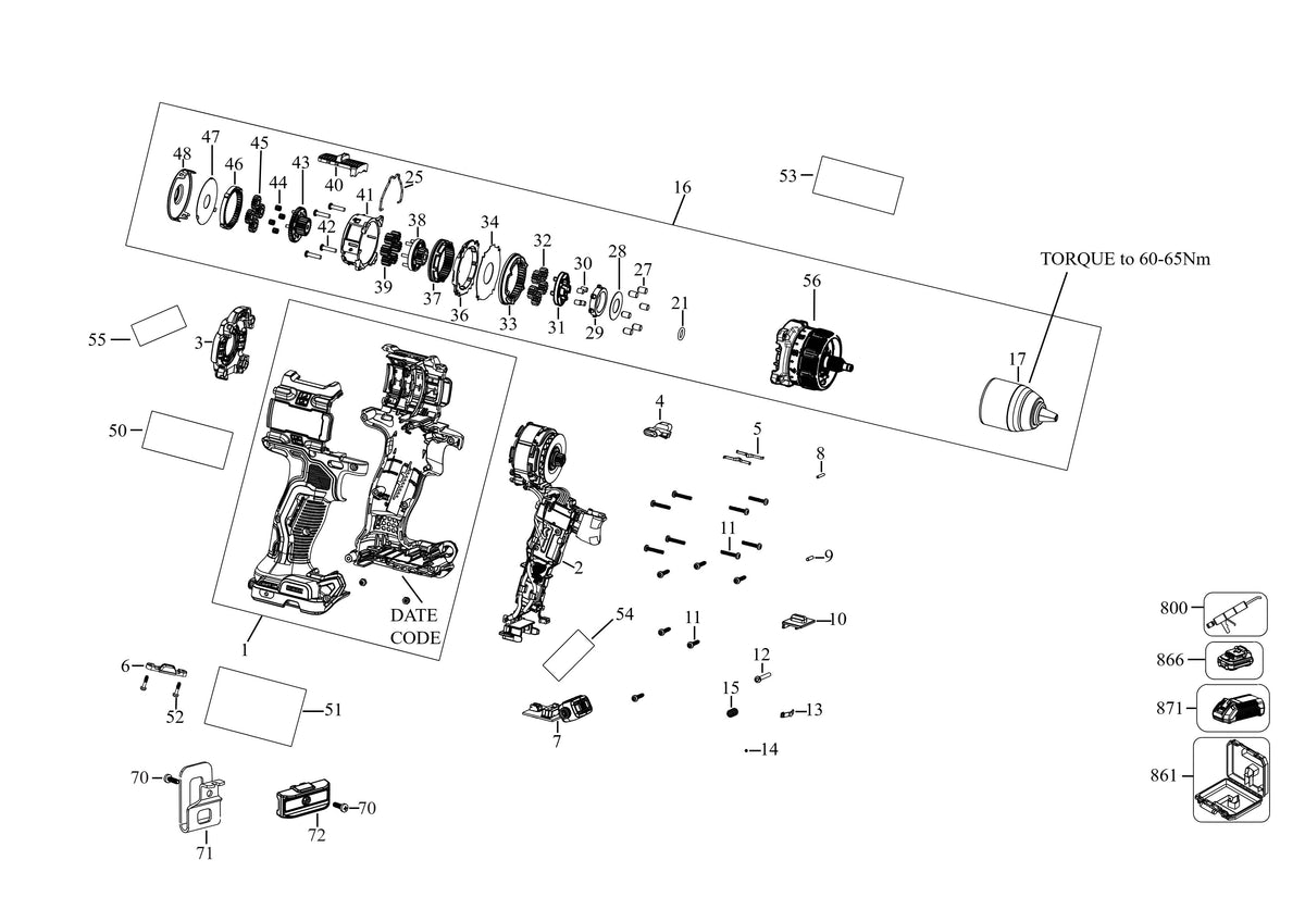 Vue éclatée DeWalt DCD800E2T Type 1 - planche 2