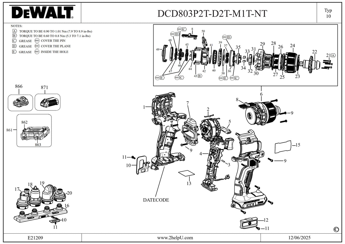 Vue éclatée DeWalt DCD803P2T Type 10 - planche 1