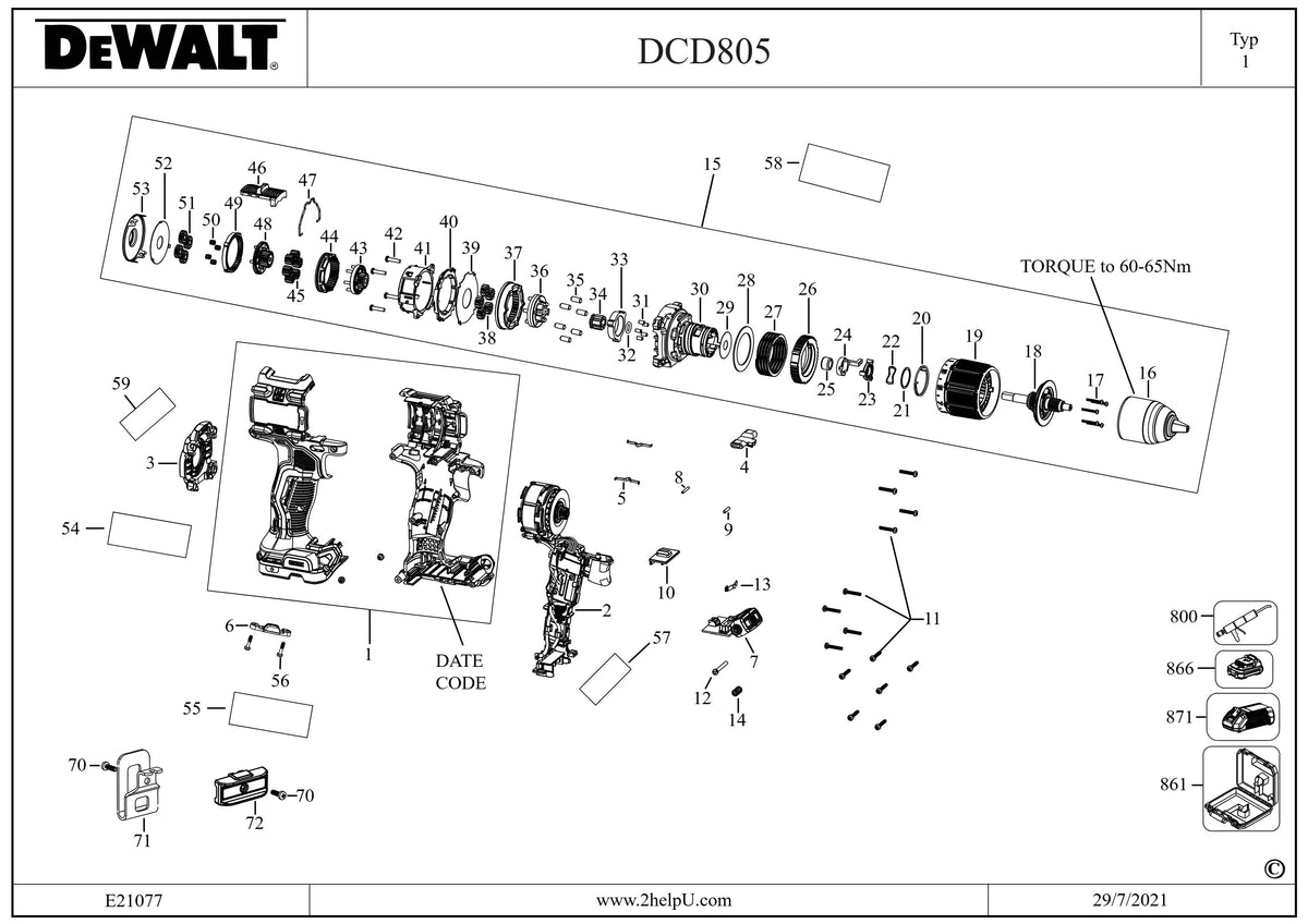 Vue éclatée DeWalt DCD805S2T Type 2 - planche 1