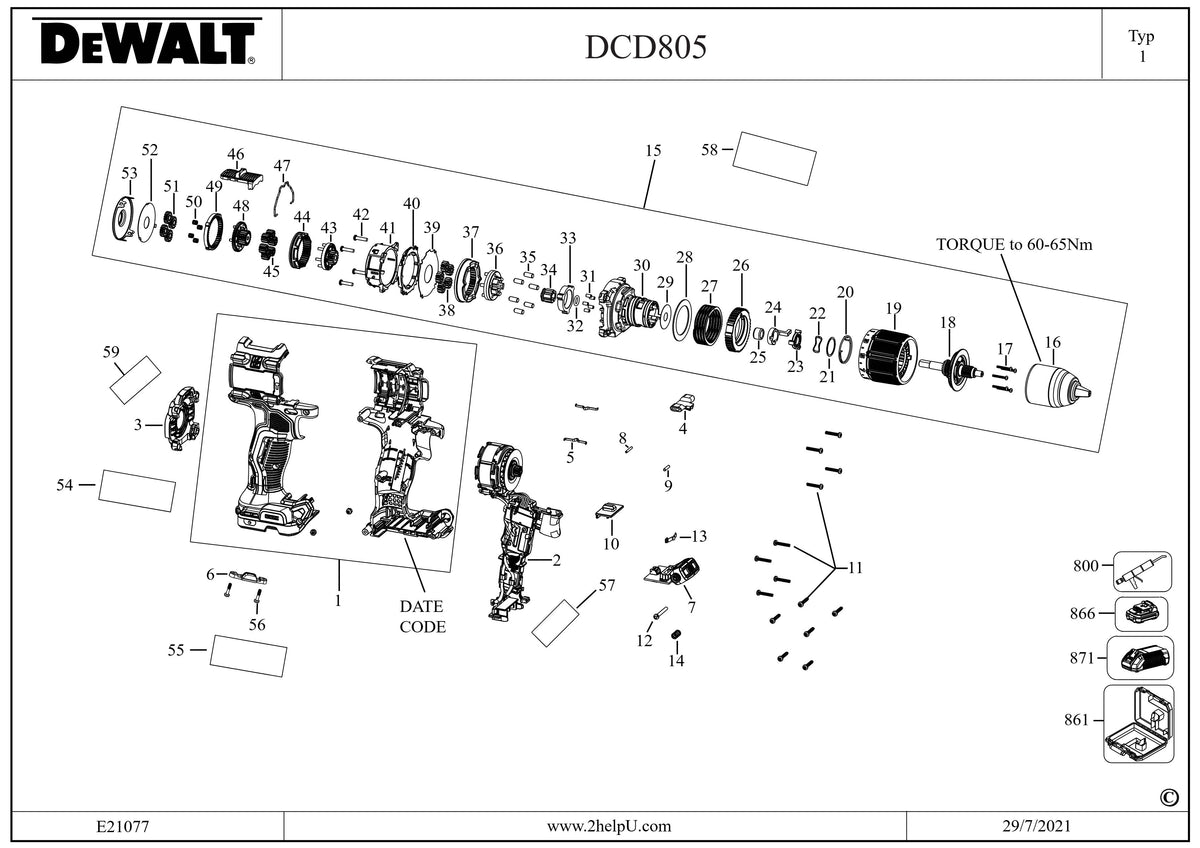 Vue éclatée DeWalt DCD85ME2GT Type 1 - planche 1