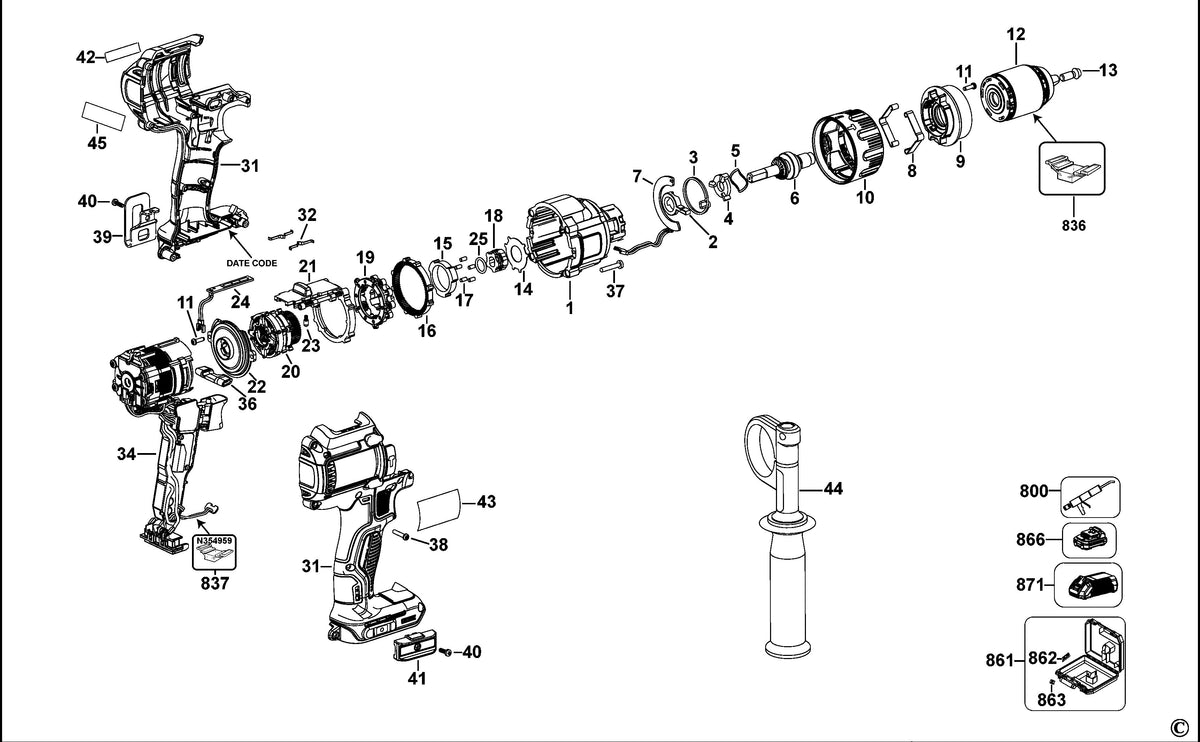 Vue éclatée DeWalt DCD937 Type 1 - planche 1