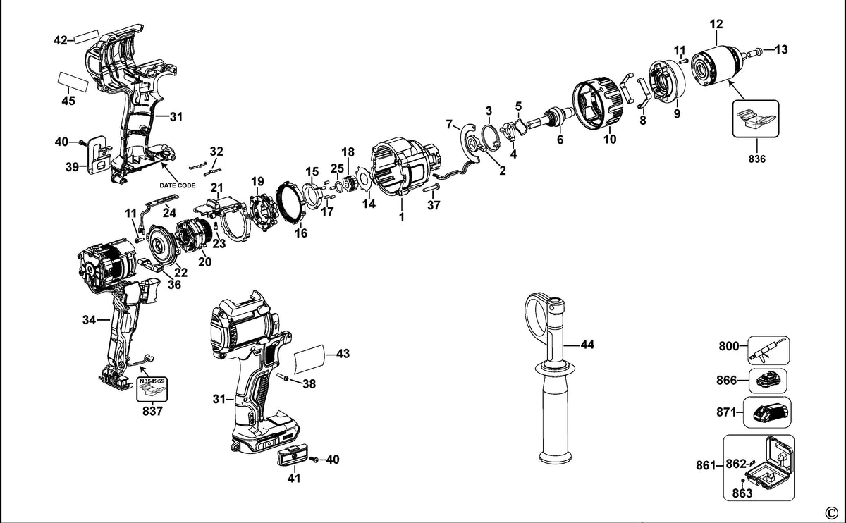 Vue éclatée DeWalt DCD937 Type 2 - planche 1